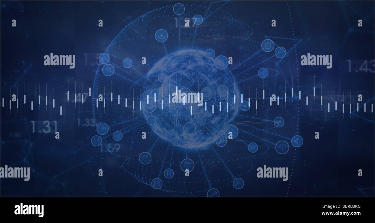 Affichage du globe filaire pulsé dans l'interface avec les icônes de nœud, les connexions, la forme d'onde, les étiquettes Banque D'Images