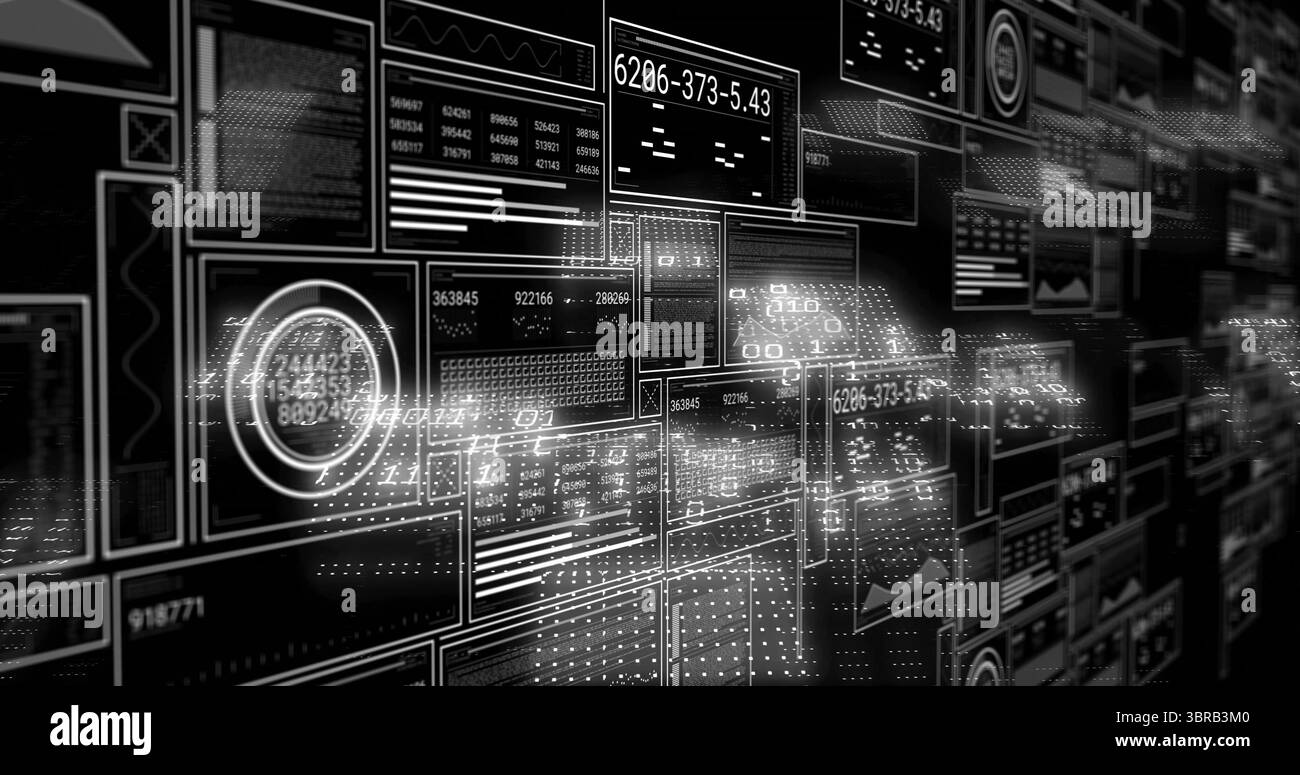 Projection de panneaux de données translucides flottants dans la matrice de contrôle, avec interface HUD et formes d'onde Banque D'Images
