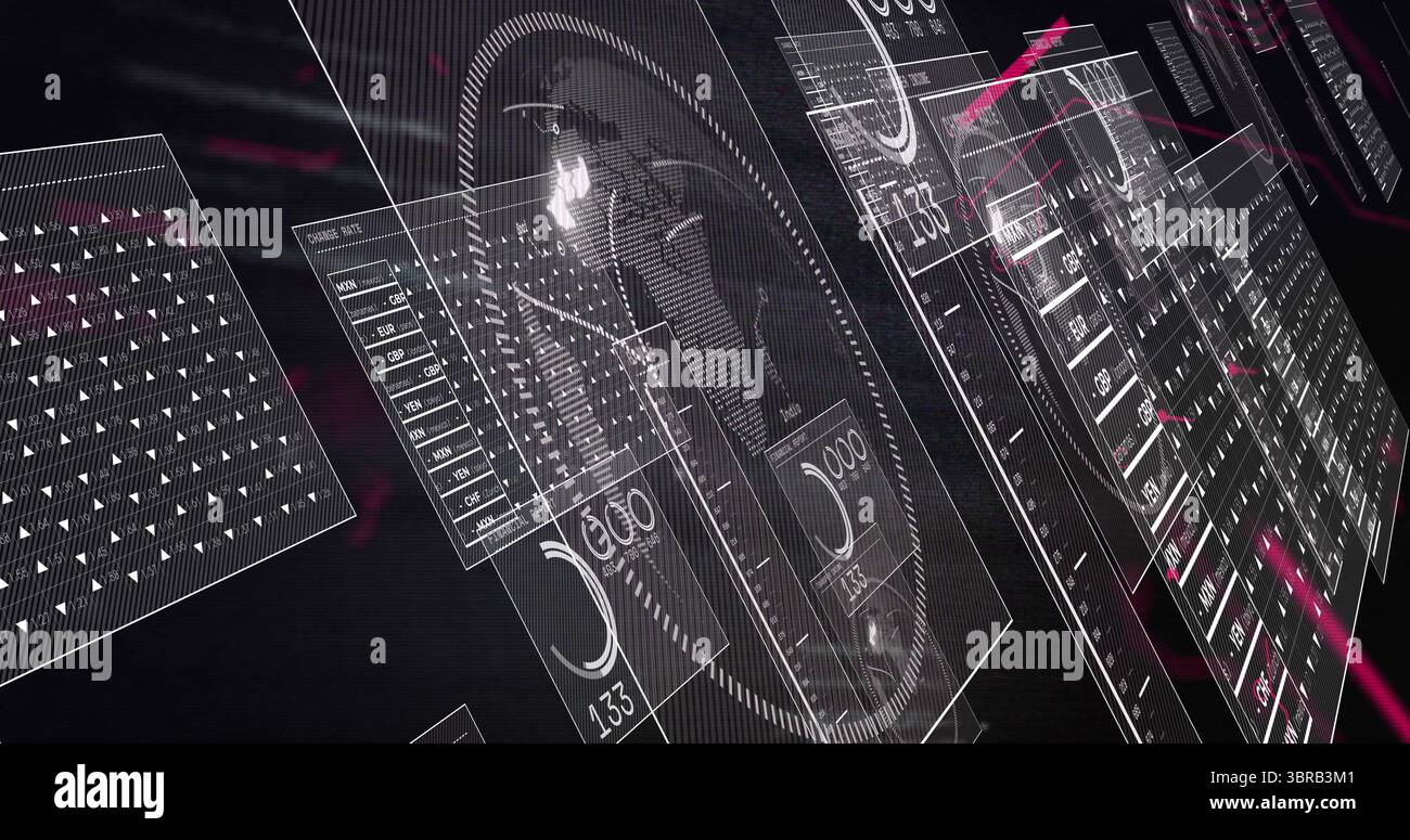 Affichage d'un panneau holographique tournant dans un vide sombre, avec jauge de carte du monde circulaire et stries de néon Banque D'Images