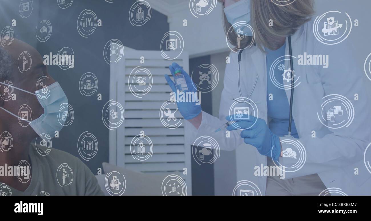 Travailleur de la santé portant une blouse blanche administrant le vaccin dans la chambre à la maison avec seringue, espace de copie Banque D'Images