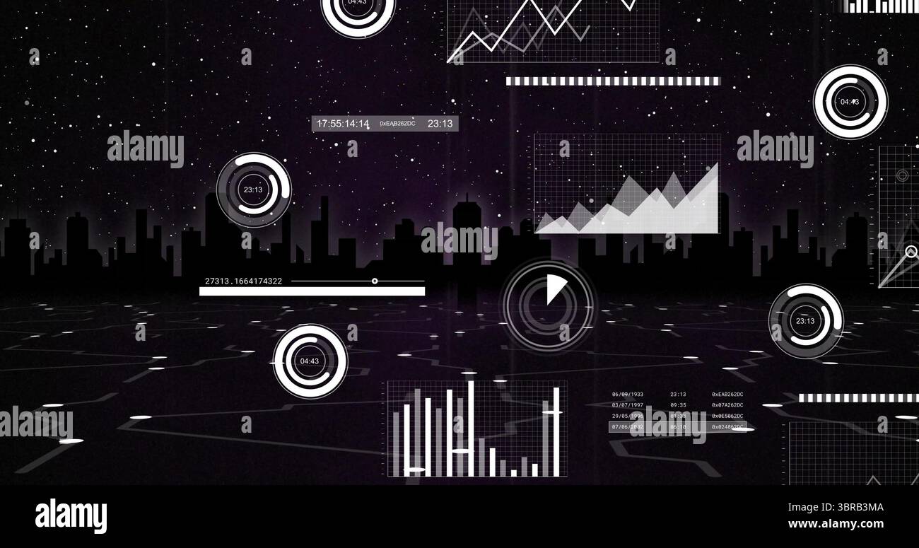 HUD flottant projetant sur la grille de circuit de la ville la nuit avec des cadrans ronds et des graphiques linéaires Banque D'Images