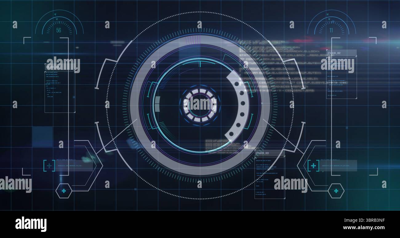Affichage du HUD circulaire central tournant sur la grille du tableau de bord de science-fiction, avec panneaux de code et icônes hexadécimales Banque D'Images