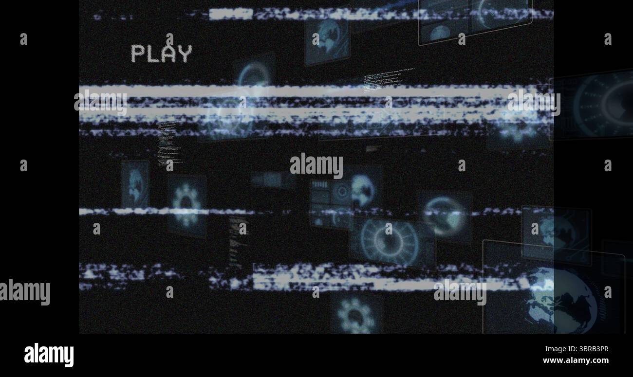 Barres statiques scintillantes avec panneaux d'interface utilisateur dans l'affichage VR, montrant le texte de LECTURE pixélisé plus le code Banque D'Images