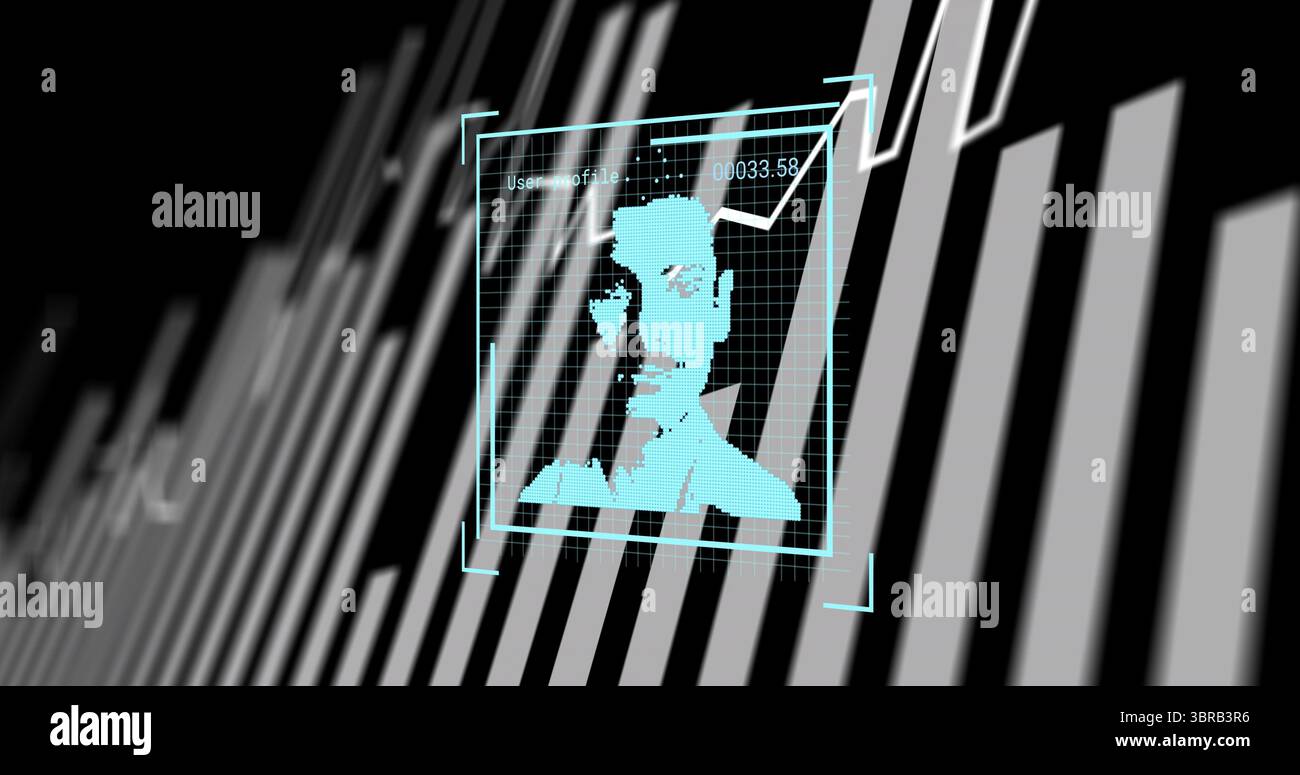 Balayage de maille de visage pixélisé cyan dans un cadre holographique, avec superposition de grille et affichage graphique Banque D'Images