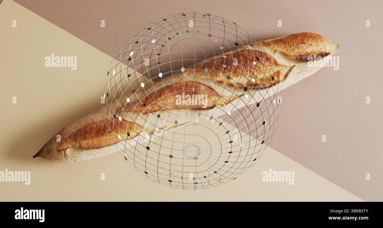 Baguette croustillante reposant en diagonale sur des panneaux taupe crème avec superposition de grille numérique Banque D'Images