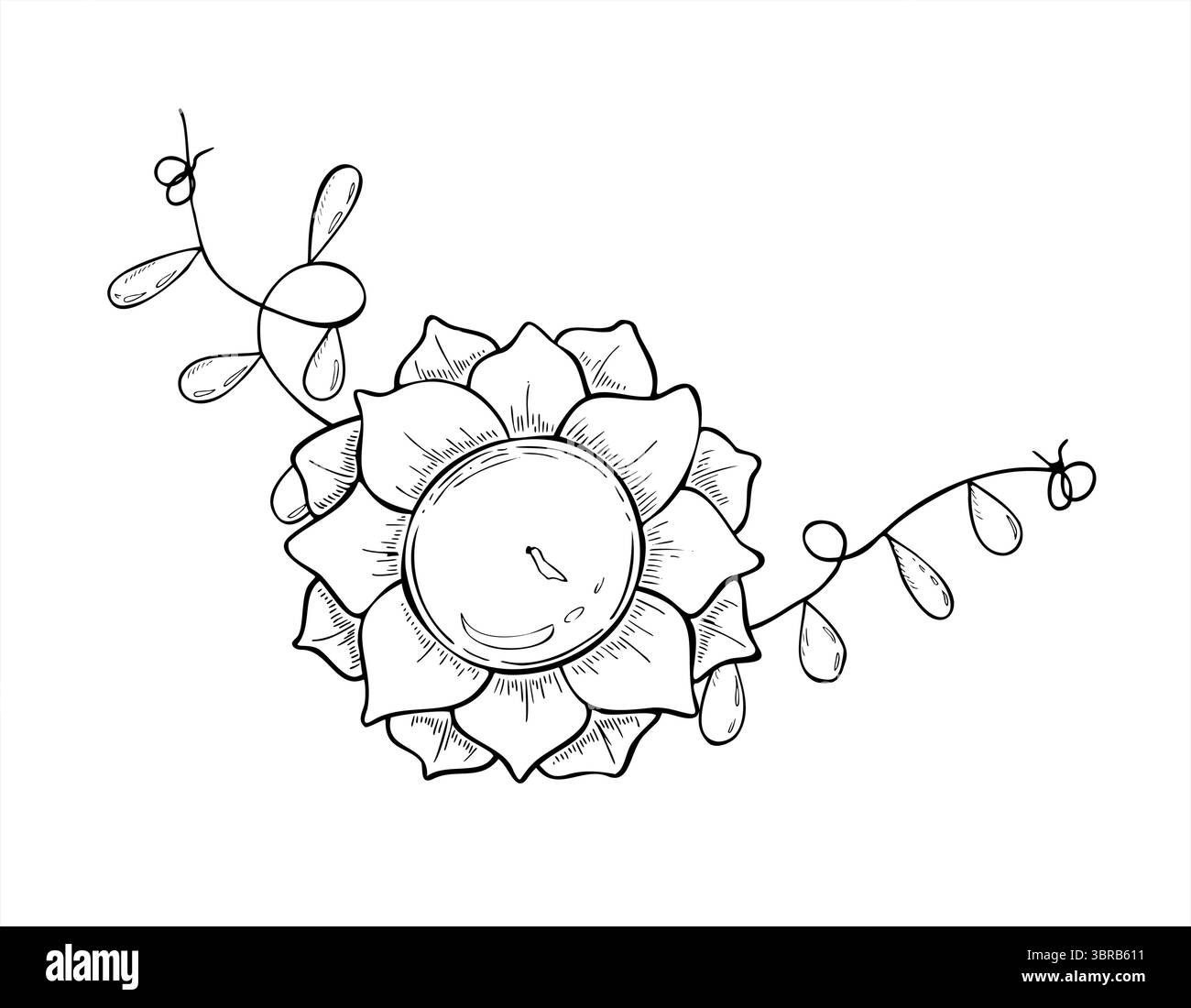 Bougie en forme de Lotus avec flamme et délicates guirlande lumineuse vue de dessus illustration vectorielle monochrome peinte par des encres noires. Célébrez la composition Illustration de Vecteur