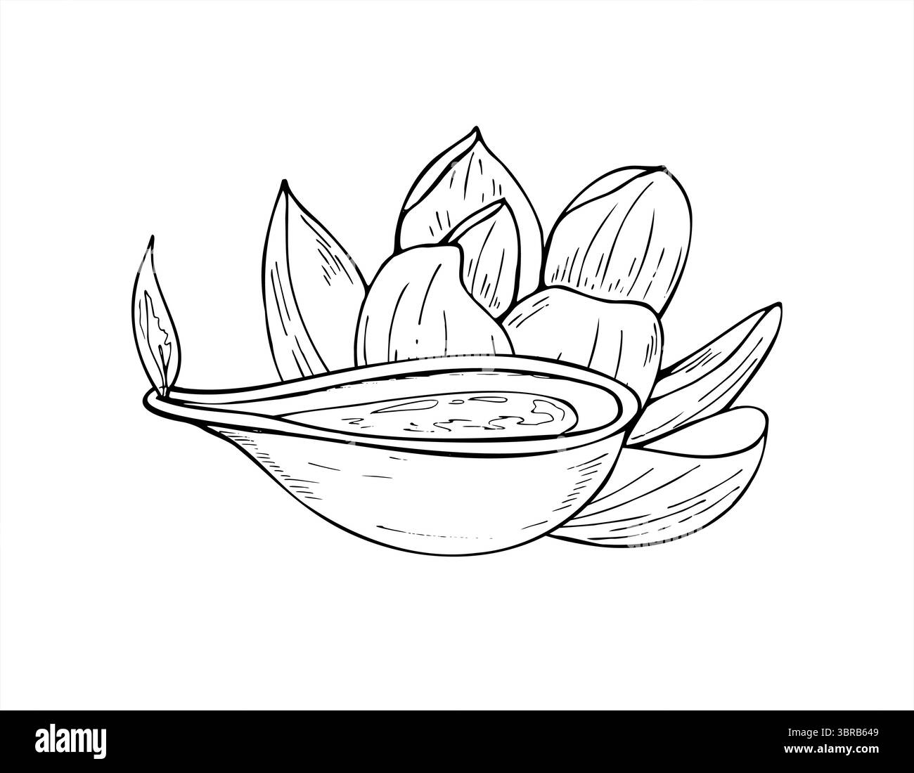 Lampe à huile indienne Diya avec flamme et illustration vectorielle monochrome de fleur de lotus sacrée. Composition spirituelle pour les décorations Diwali, festival hindou Illustration de Vecteur