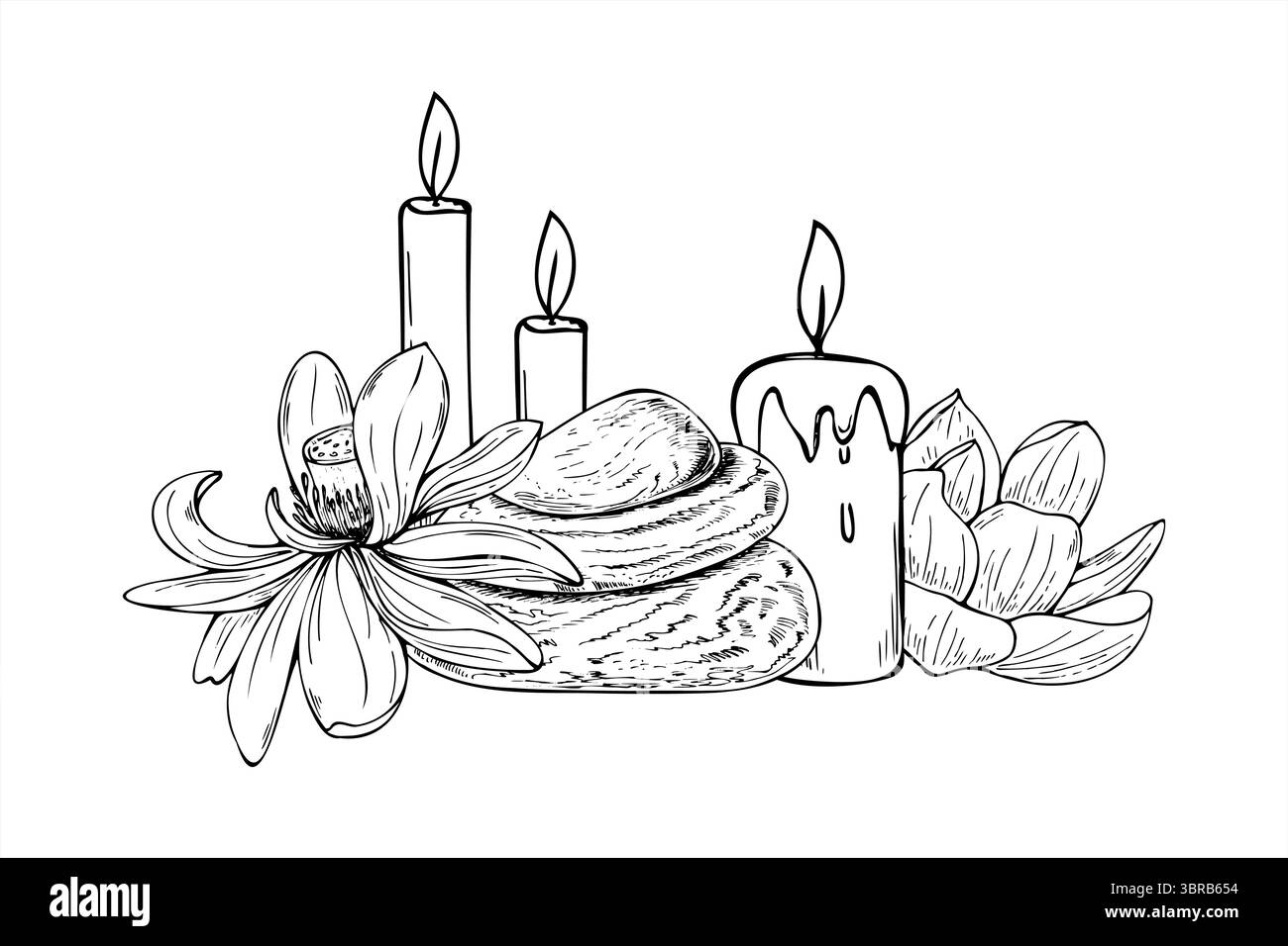 Trois bougies allumées, cairn en pierre, et fleurs de lotus illustration vectorielle noire et blanche. Composition de thérapie alternative naturelle ou de spa Illustration de Vecteur