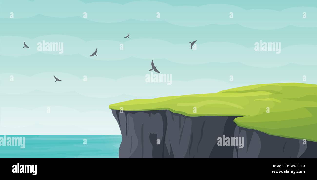 Panorama paisible de la falaise au bord de la mer, scène vectorielle plate. Illustration de Vecteur