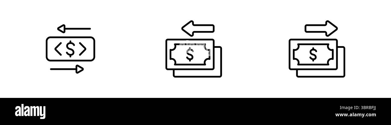Cette collection d'icônes linéaires propres illustre divers aspects des transferts d'argent numériques, y compris les entrées, les sorties et les transactions en ligne générales Illustration de Vecteur