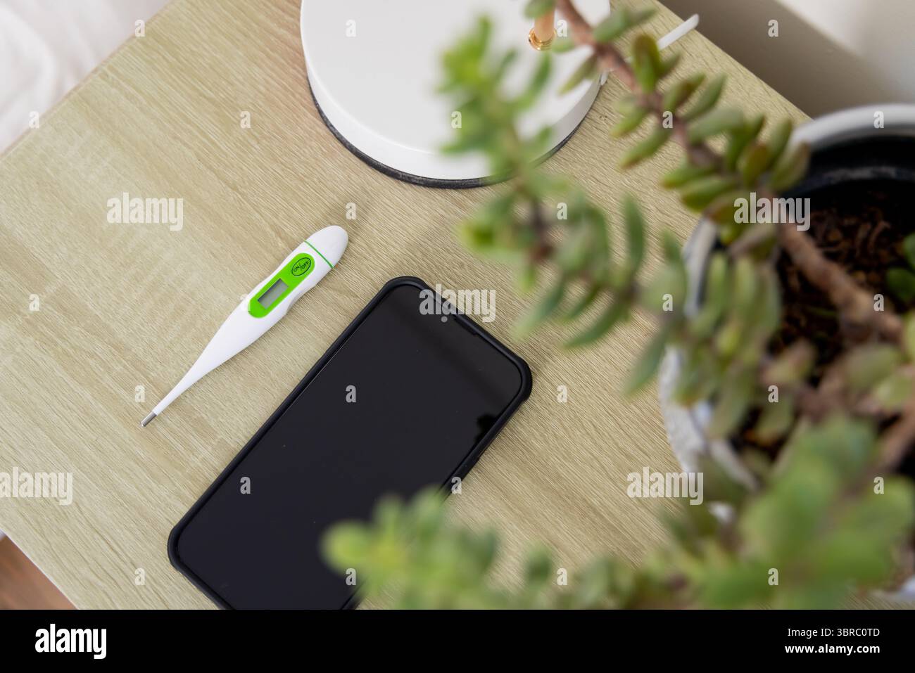 thermomètre numérique couché à côté du smartphone sur la table de nuit, lampe visible, feuilles succulentes floues Banque D'Images