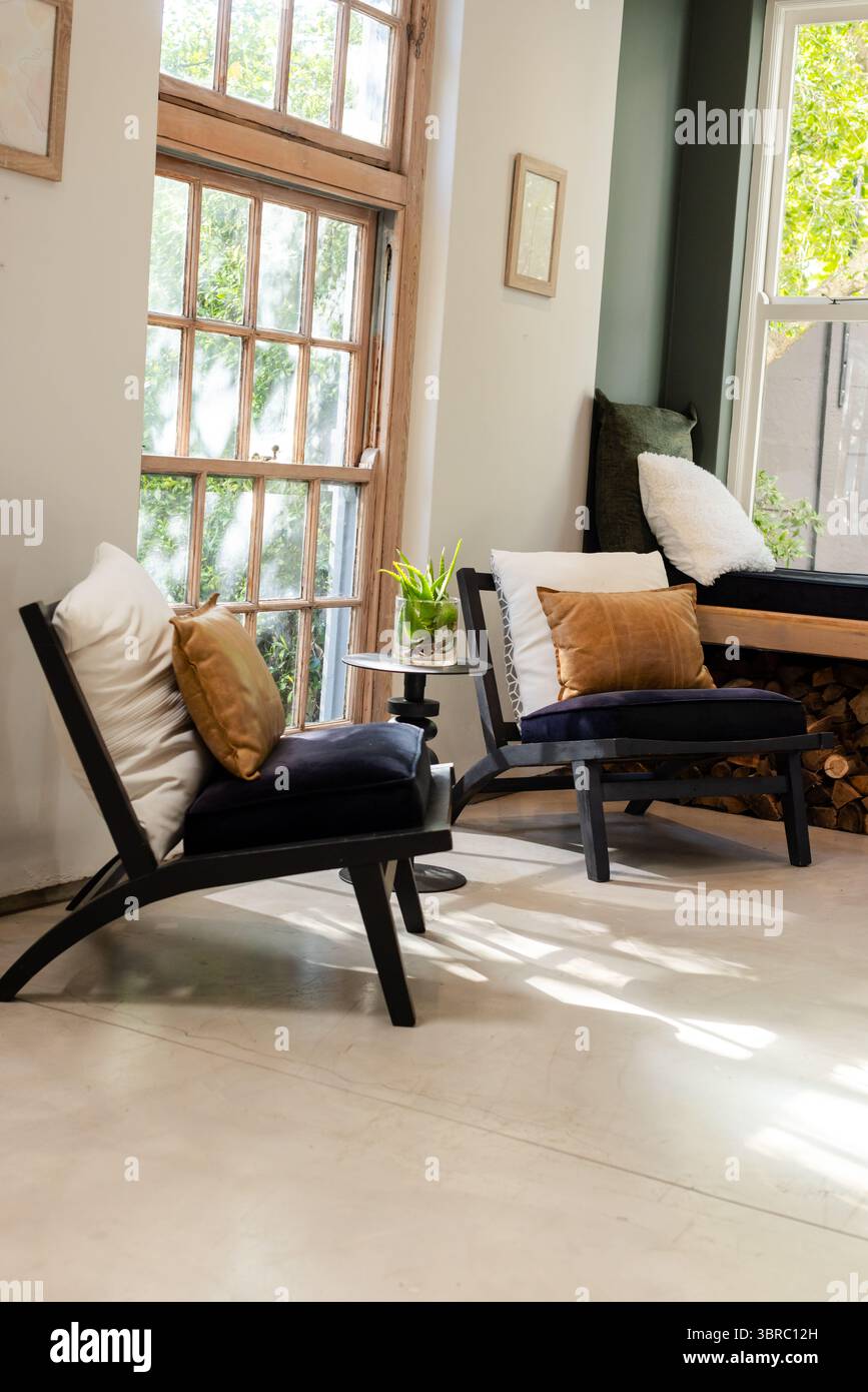 Deux chaises longues en bois reposent avec des coussins bleu marine, des oreillers bronzés dans le coin fenêtre avec succulent Banque D'Images