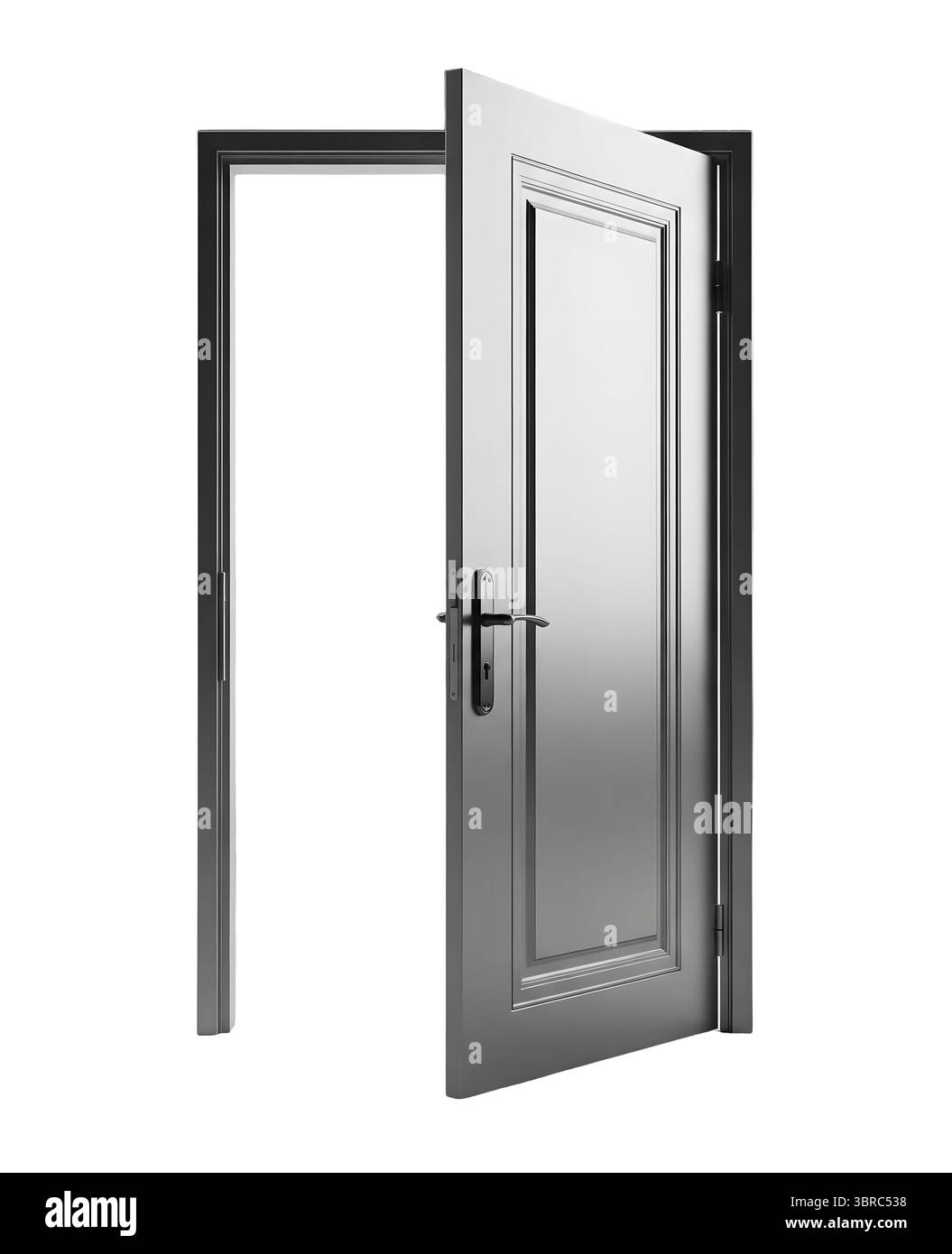 Porte intérieure en acier ouvert rendu 3D minimaliste dans un rendu doux et lisse Banque D'Images