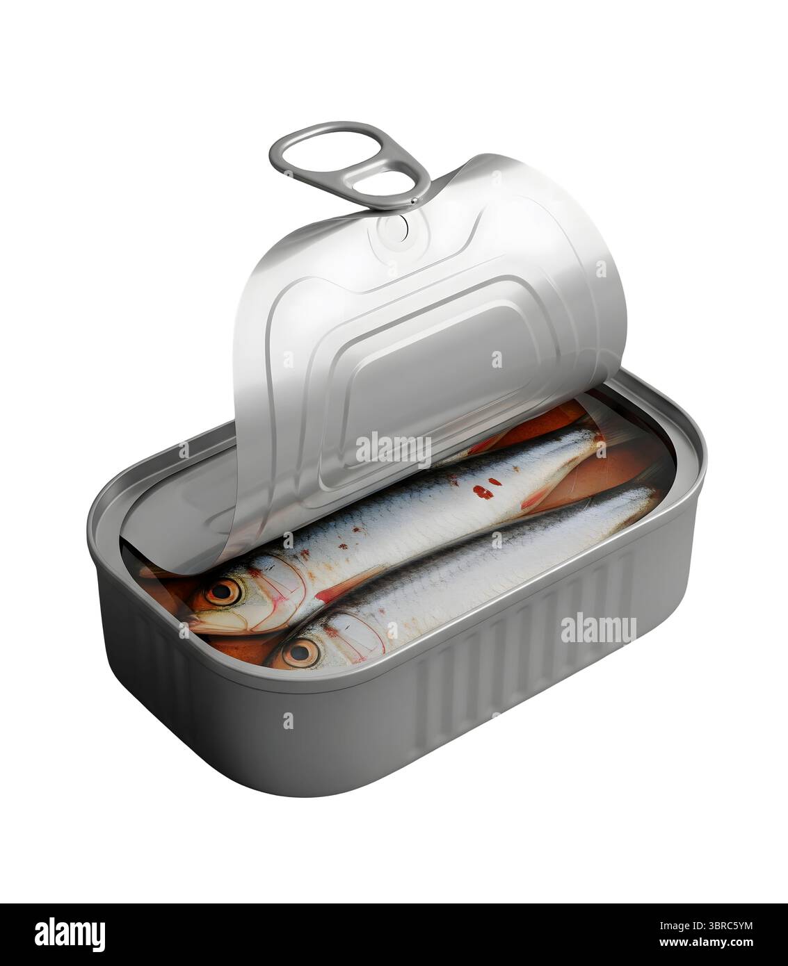Boîte ouverte de sardines rendu 3D minimaliste dans un rendu doux et lisse Banque D'Images
