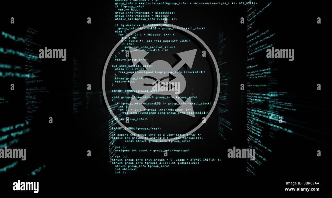 Affichage d'une icône de superposition circulaire avec des flèches croisées et des symboles d'échange entre les colonnes de code vertes Banque D'Images