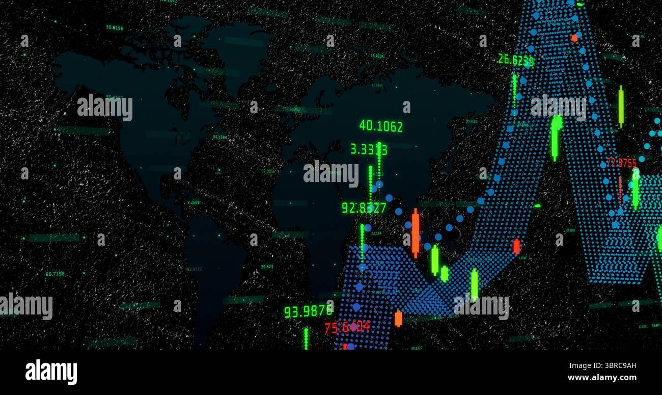 Affichage de forme d'onde en pointillés bleus sur le tableau de bord de trading, avec contour de la carte, barres rouges vertes, étiquettes numériques Banque D'Images