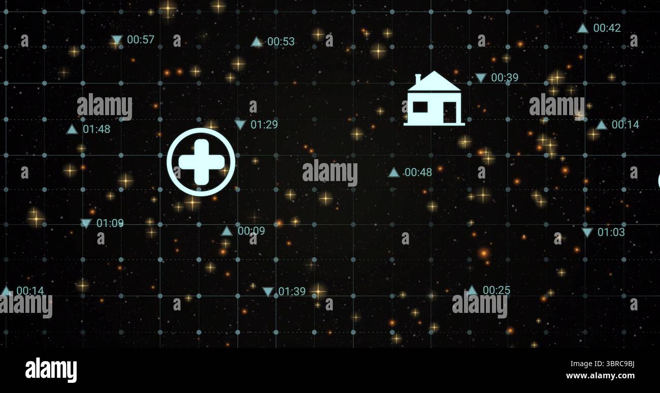 Affichage de l'icône de croix médicale circulaire blanche flottante dans la grille de données sarcelle, avec codes temporels et flèches Banque D'Images