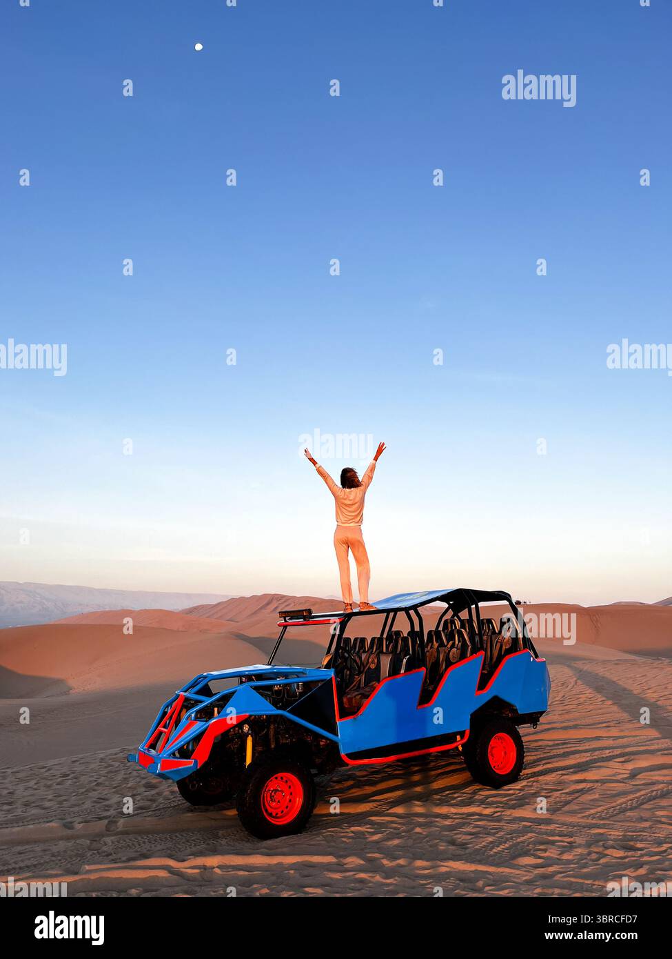 Femme debout sur le toit de buggy, qui conduit les touristes dans la zone désertique, tout en tenant le bras levé et en regardant beau paysage aride Banque D'Images