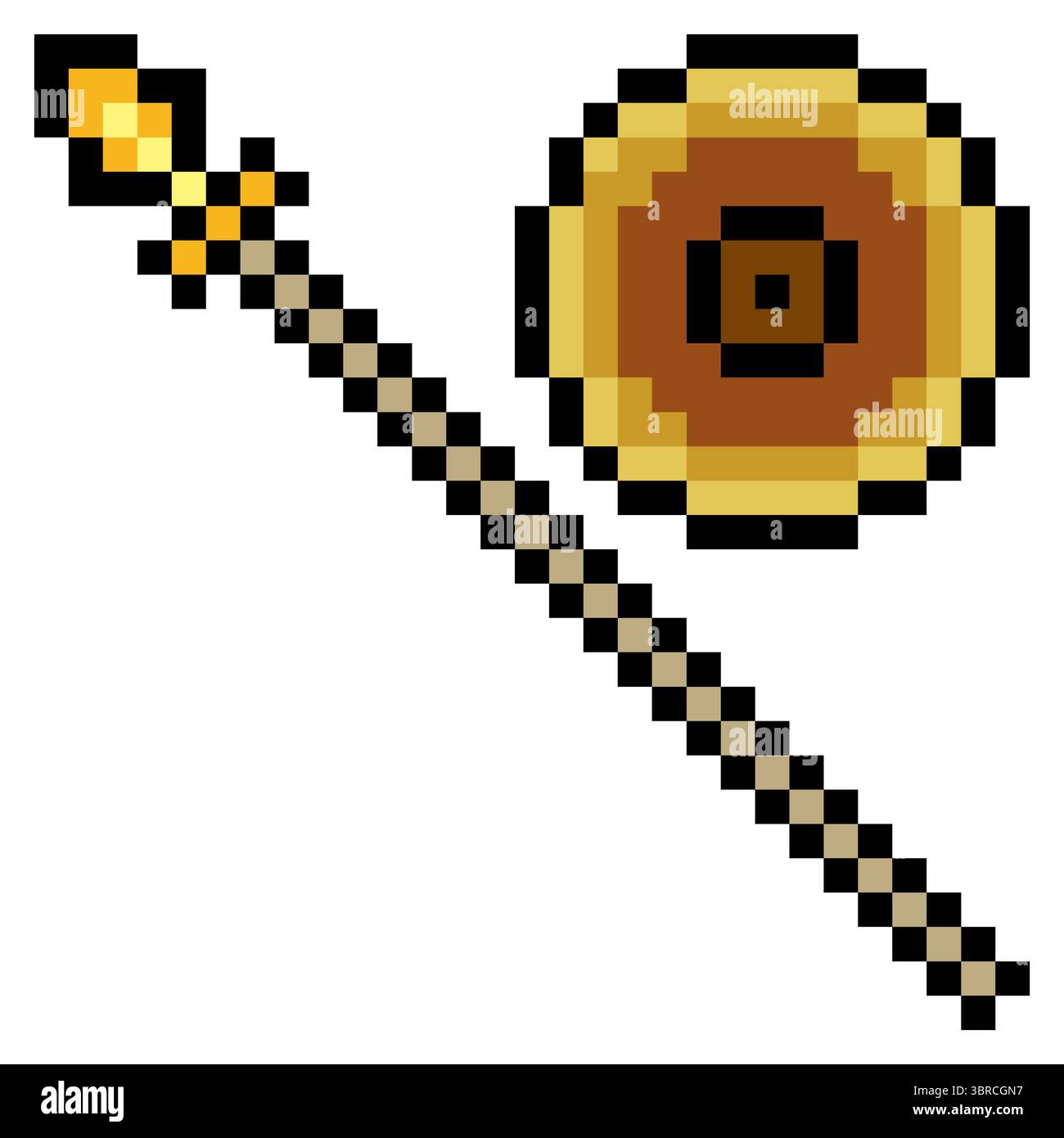 Bouclier et lance en pixel art isolé sur fond blanc Illustration de Vecteur