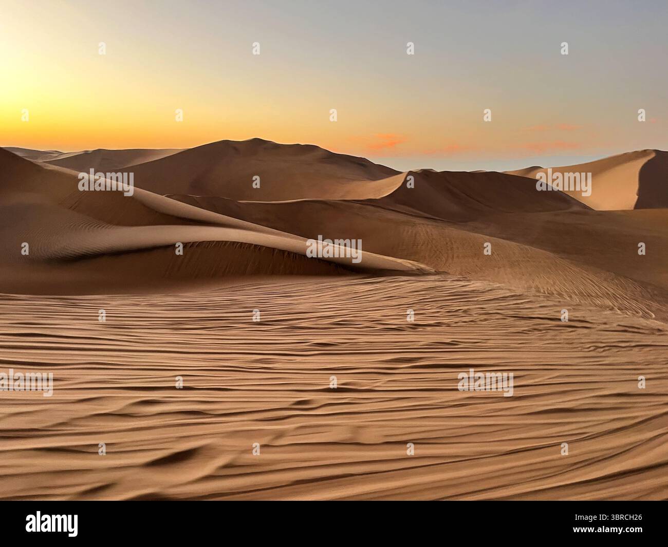 Belles dunes de sable dans le désert à l'heure du lever du soleil et du coucher du soleil doré. Paysage aride Huacachina, ICA, Pérou. Destination touristique pour les sports extrêmes Banque D'Images