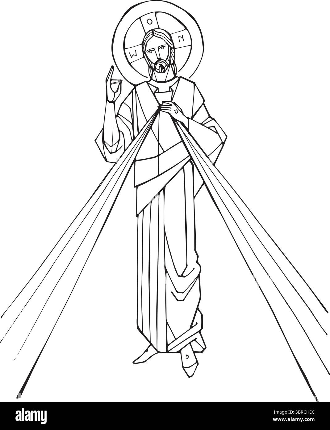 Illustration ou dessin dessiné à la main de la Divine Miséricorde de Jésus Christ, dans un style minimaliste et géométrique avec influence byzantine. L'image montre Illustration de Vecteur