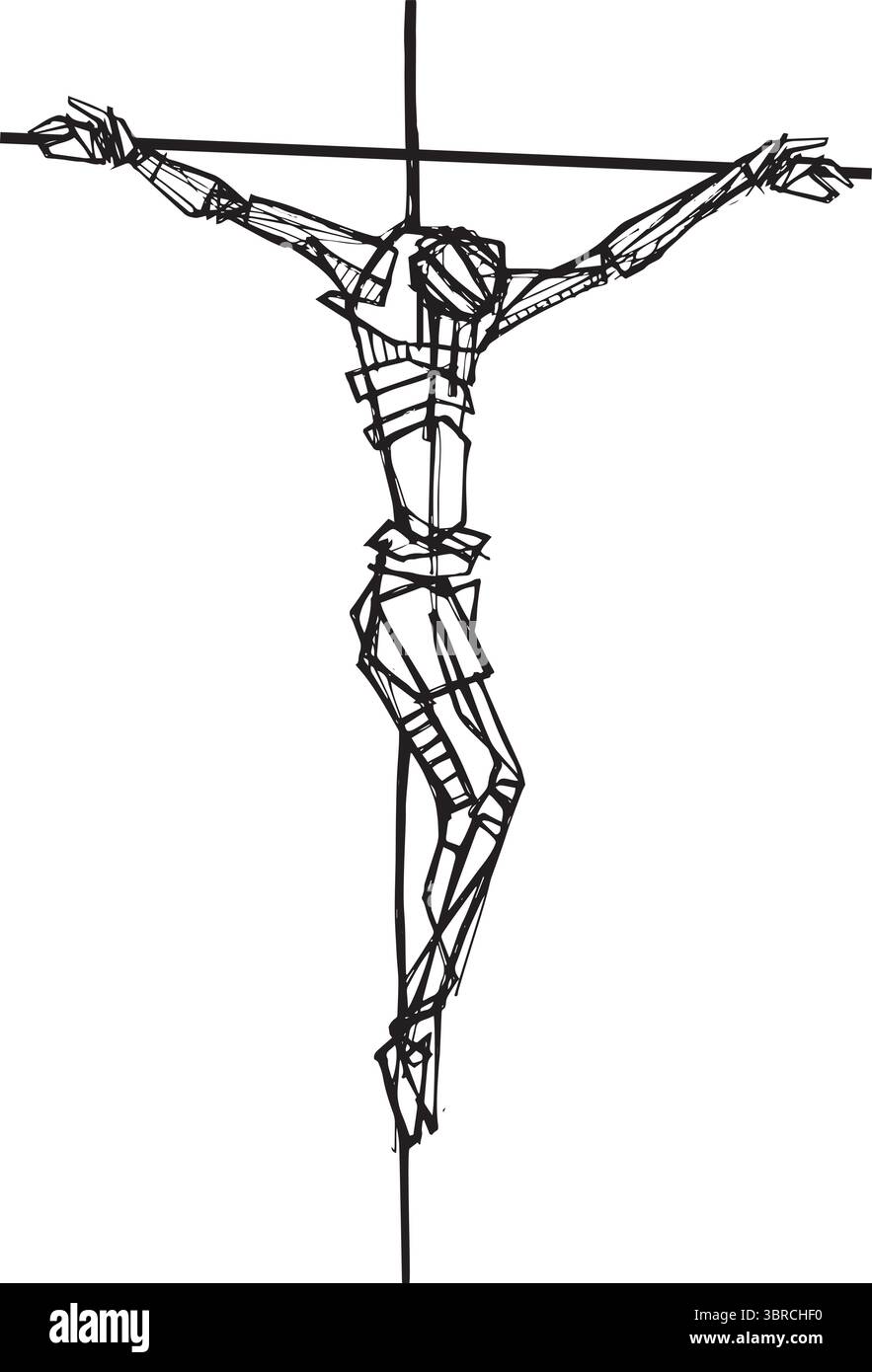 Illustration vectorielle dessinée à la main ou dessin de la crucifixion du Christ, montré dans un style d'encre minimaliste et géométrique. L'illustration présente un noir audacieux Illustration de Vecteur