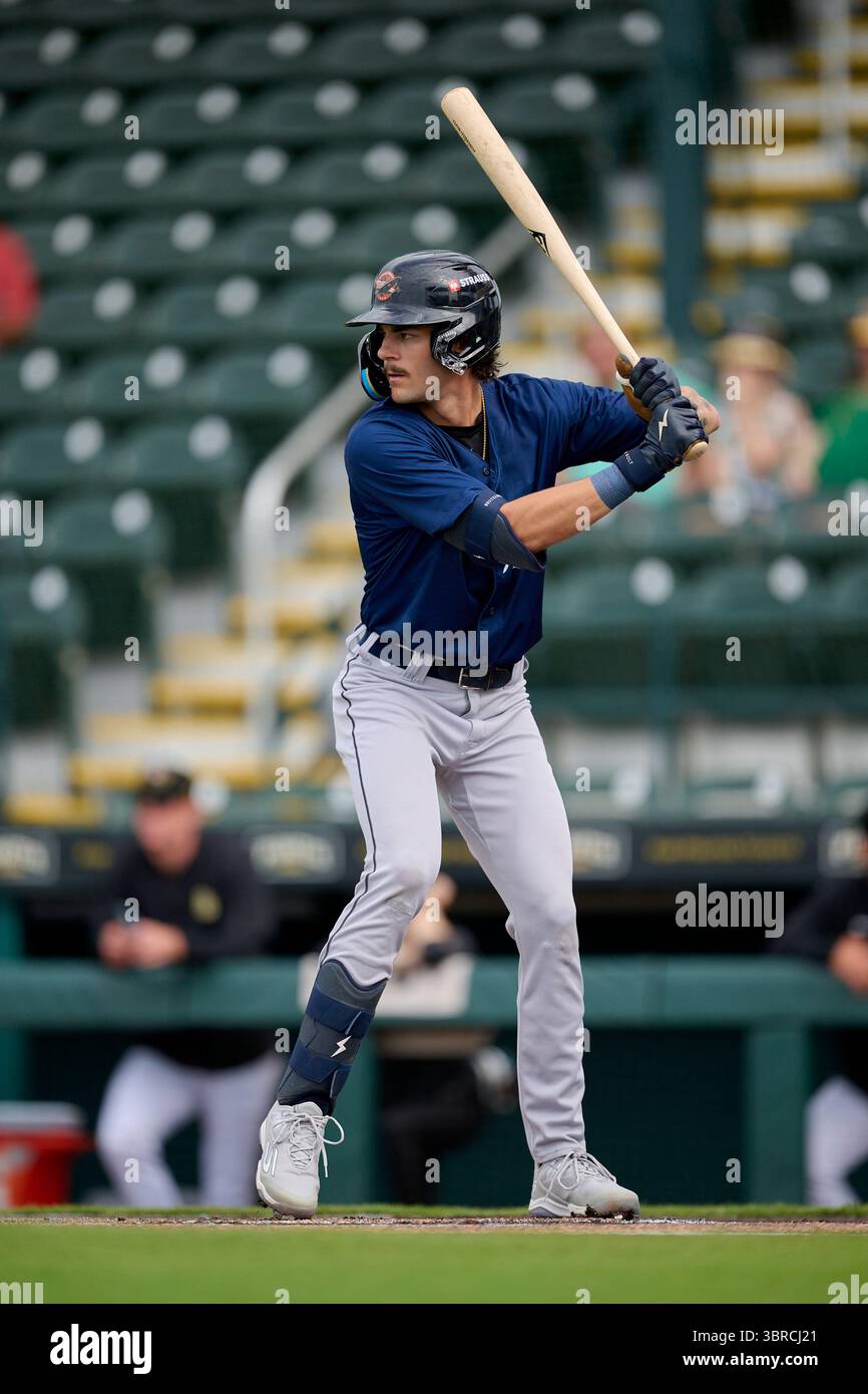 Lakeland Flying Tigers Woody Hadeen (5) bats during an MiLB Florida State League baseball game against the Bradenton Marauders on May 31, 2025 at LECOM Park in Bradenton, Florida. (Mike Janes/Four Seam Images via AP) Banque D'Images