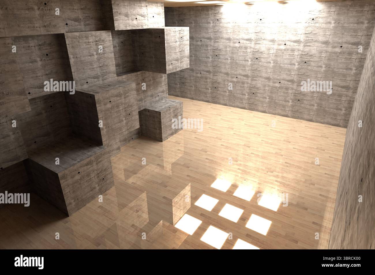 Montrant des cubes de béton en saillie 3D sur le mur gauche sous des pièces carrées encastrées de coulée légère sur le sol Banque D'Images