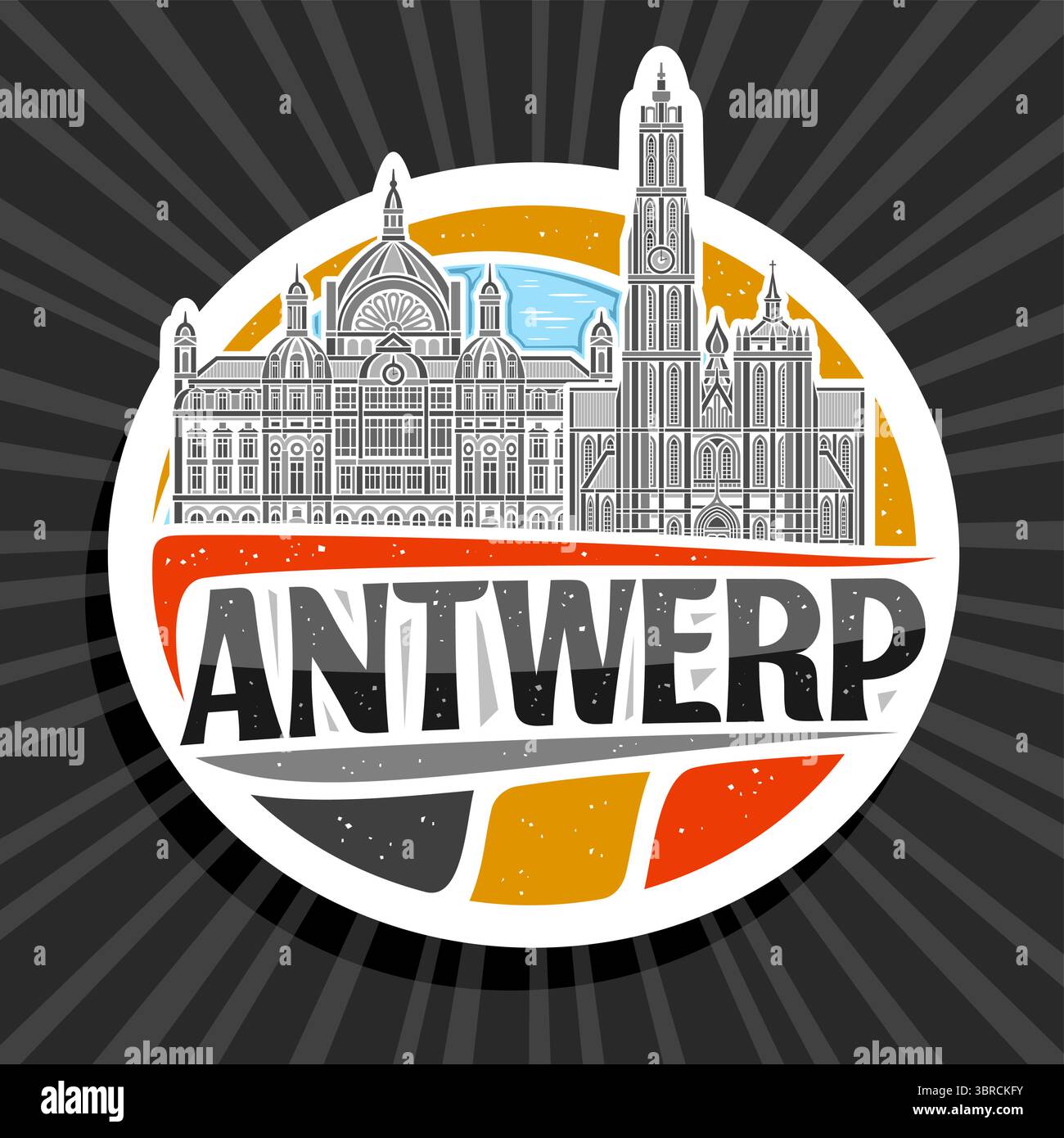 Logo vectoriel pour Anvers, étiquette décorative blanche avec illustration de contour du paysage historique de la ville d'anvers sur fond de ciel de jour, design d'art frigo ma Illustration de Vecteur