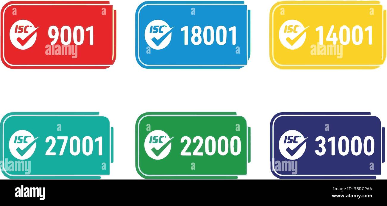 Badges de certification ISO : 9001, 18001, 14001, 27001, 22000, 31000 sur fond blanc Illustration de Vecteur