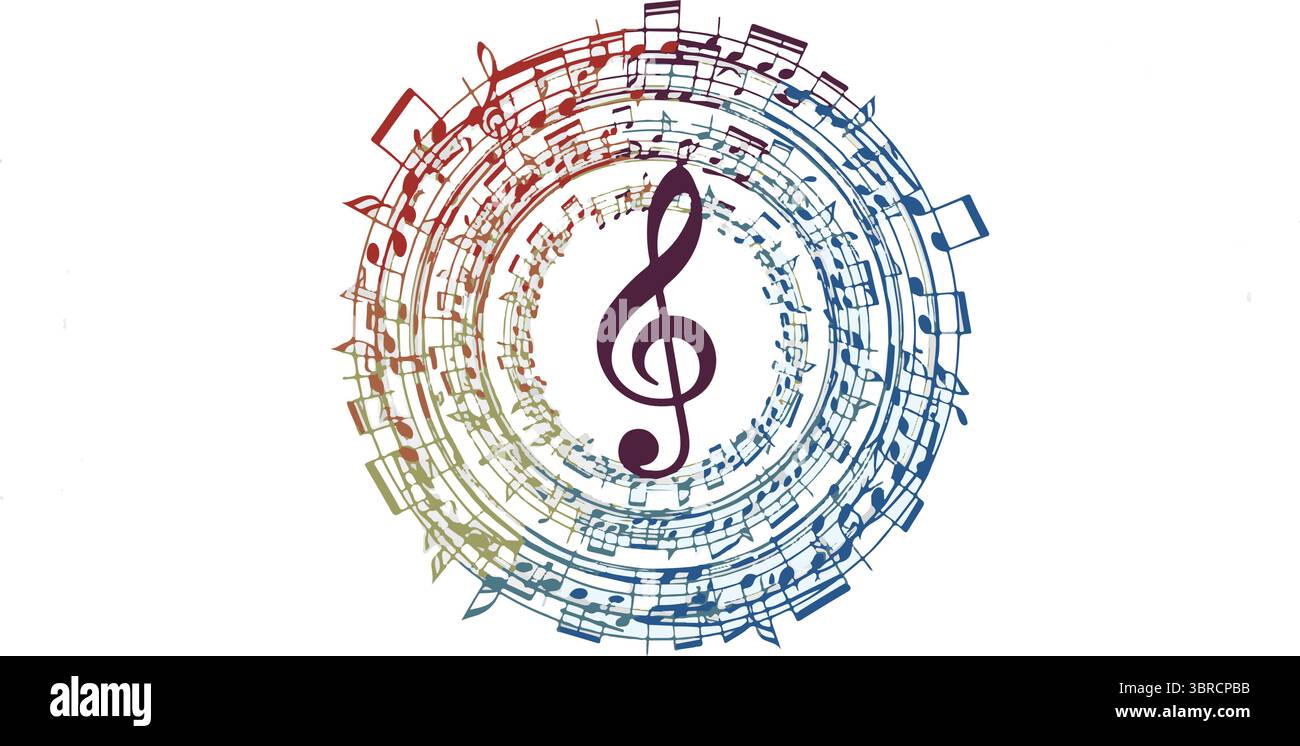 Clef Treble entourée de notes de musique colorées sur fond blanc Illustration de Vecteur