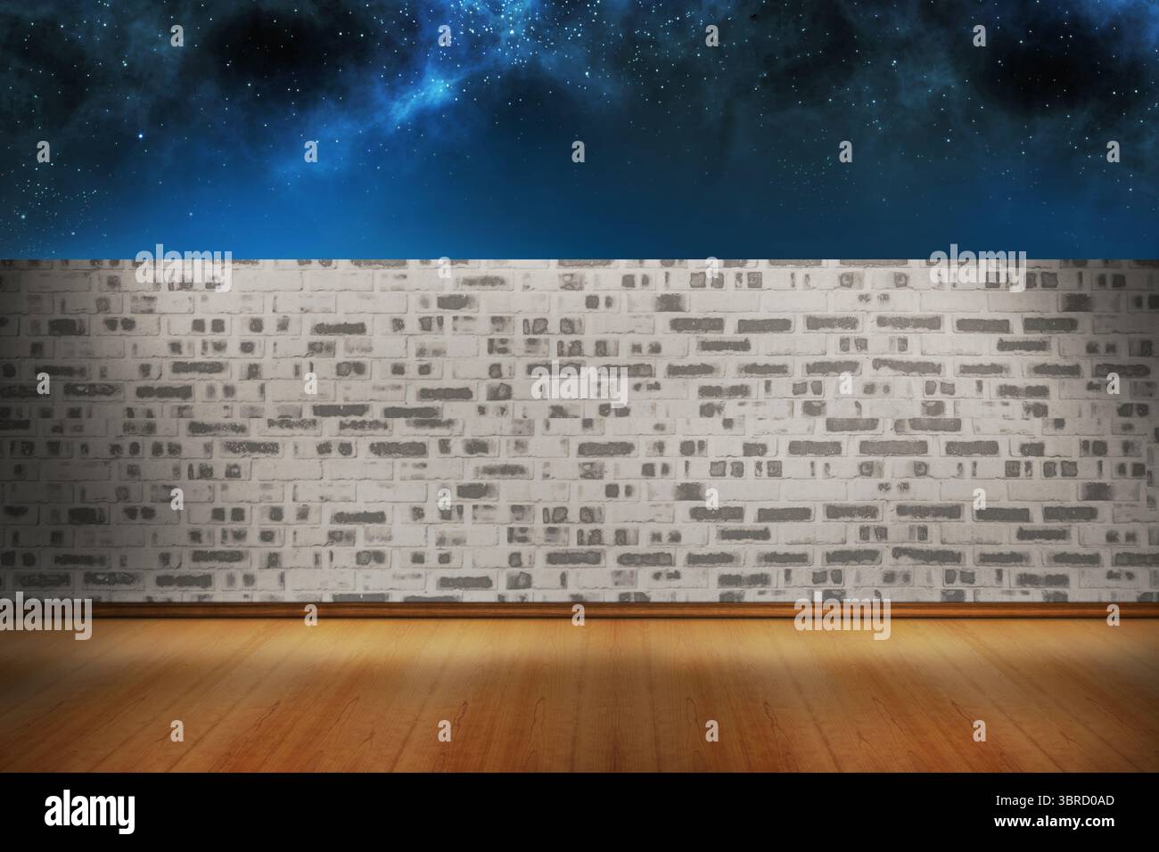 Le design plat est doté de planches polies menant à un mur de briques gris-blanc avec ciel cosmique Banque D'Images