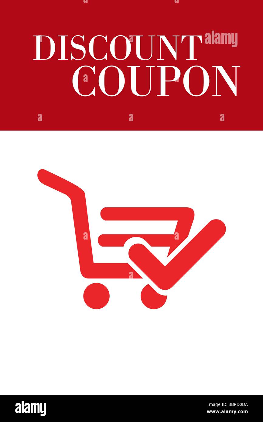 Affichage d'un graphique promotionnel plat minimaliste avec une barre d'en-tête rouge et une coche de panier Banque D'Images