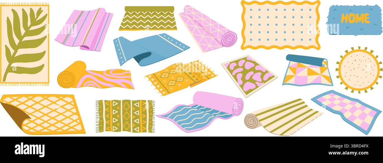 Tapis de laine et tapis de bain confortables. Tapis de sol décoratifs avec différentes formes et textures. Illustration de Vecteur