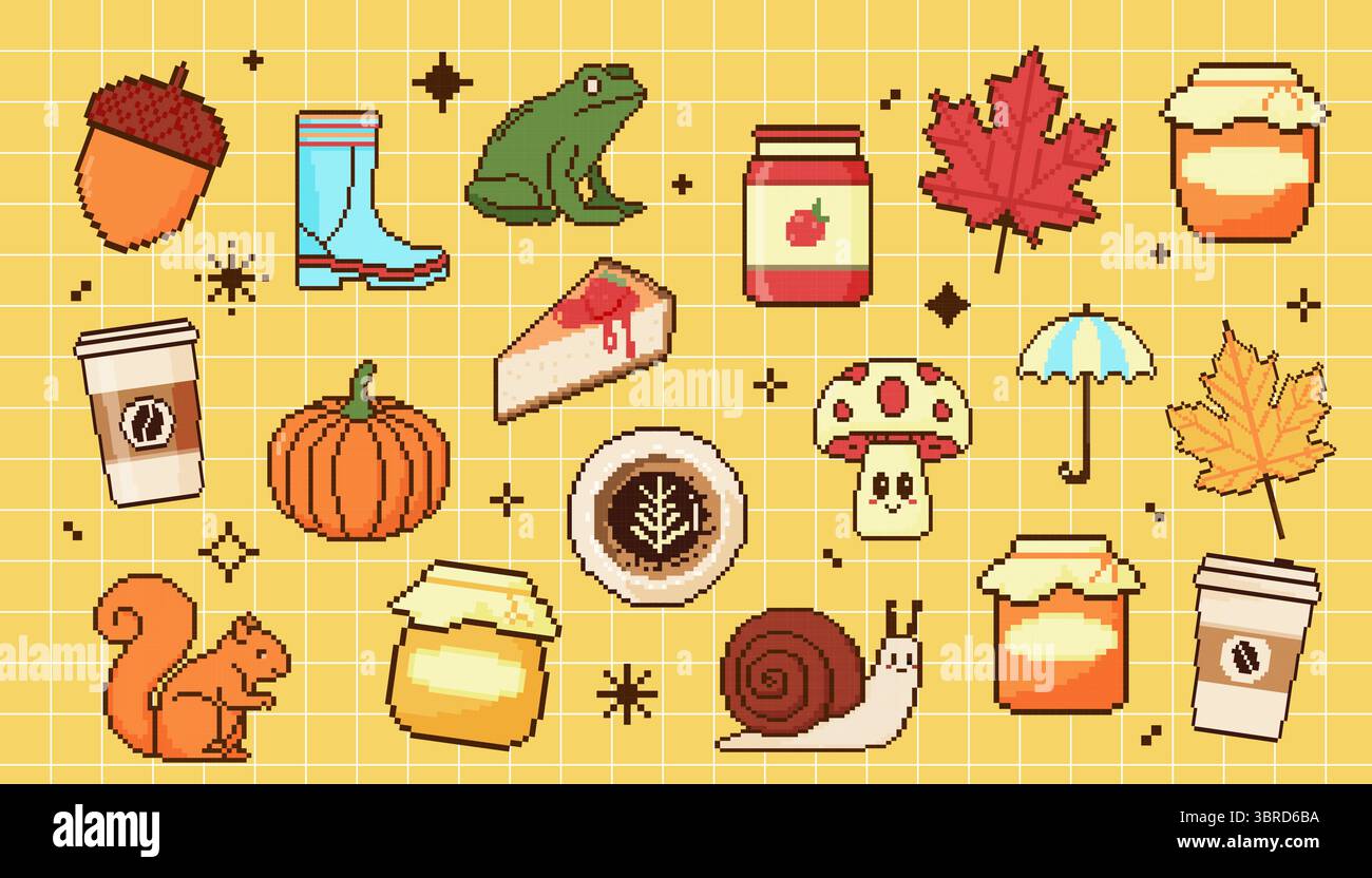 Jeu d'icônes d'automne. Objets Pixel art en style 8 bits. Citrouille, écureuil, escargot, gland Illustration de Vecteur