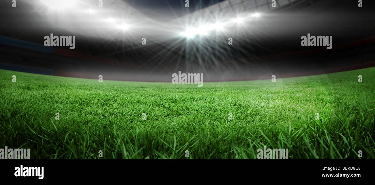 L'herbe verte s'étend dans un stade plat avec des projecteurs suspendus et des sièges ombragés Banque D'Images L'herbe verte s'étend dans un stade plat avec des projecteurs suspendus et des sièges ombragés Banque D'Images