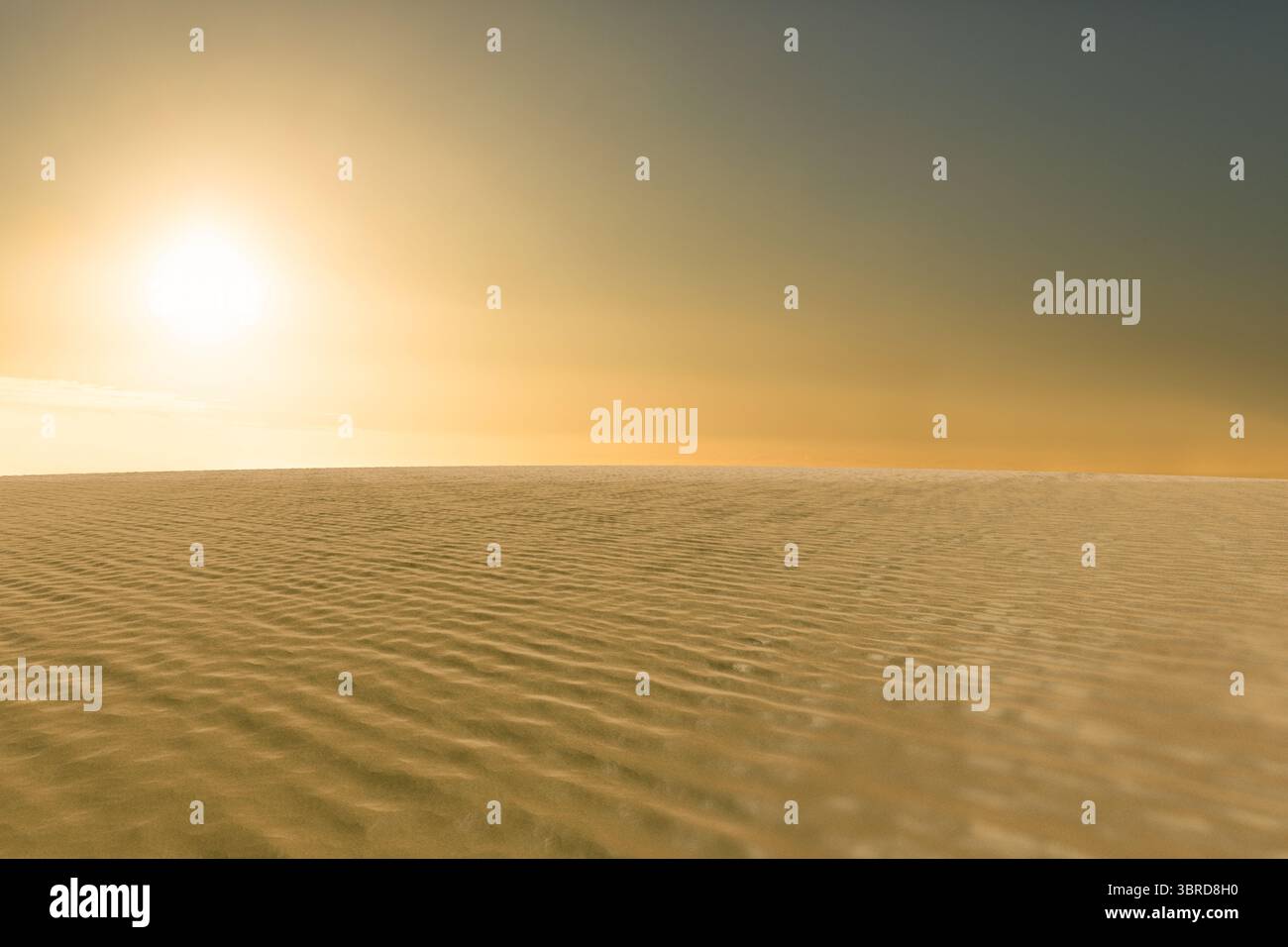Le paysage désertique plat montre des dunes ondulées projetant des ombres sous un soleil chaud et brillant Banque D'Images
