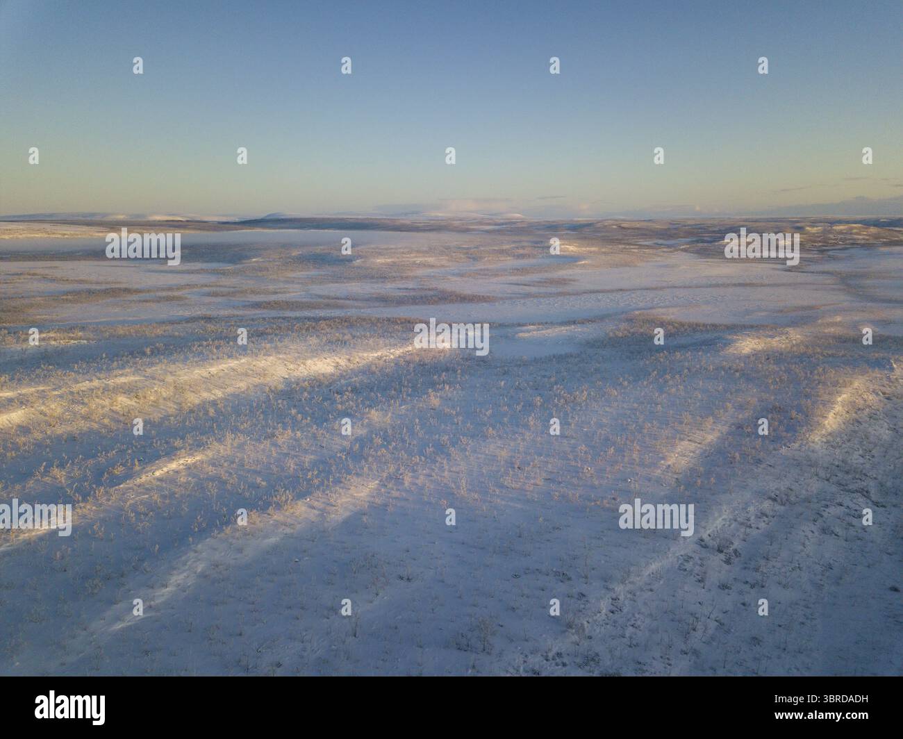 Vue aérienne des étendues enneigées rencontrant l'horizon sous un ciel tranquille, projetant de longues ombres à travers le paysage gelé, Karasjok, Finnmark, Norvège. Banque D'Images