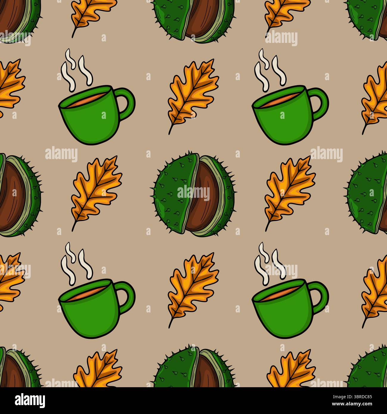 Modèle de vecteur sans couture d'automne confortable : tasse verte de café, châtaigne et feuilles de chêne sur un fond beige Illustration de Vecteur