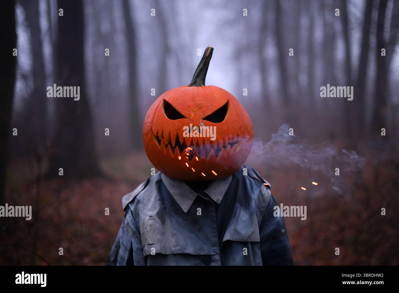 Figure effrayante avec tête de citrouille fumant avec de la fumée et des étincelles dans la forêt d'automne brumeuse. Moment effrayant dans les bois rempli de mystère, de costumes et d'humeur automnale Banque D'Images