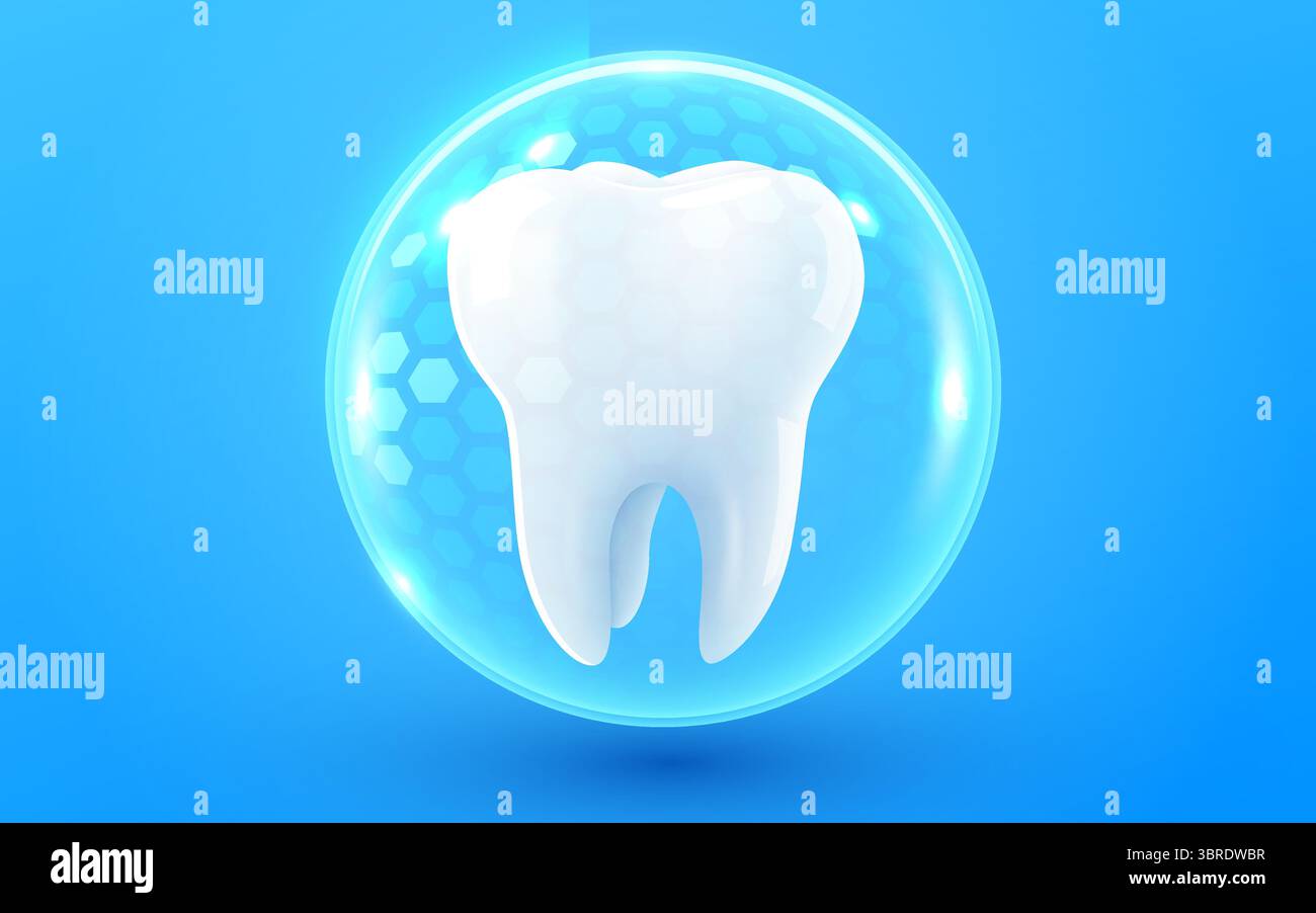 vecteur réaliste 3d dent brillante saine. Bouclier autour de la dent blanche. Soins dentaires, protection et blanchiment. Illustration vectorielle Illustration de Vecteur