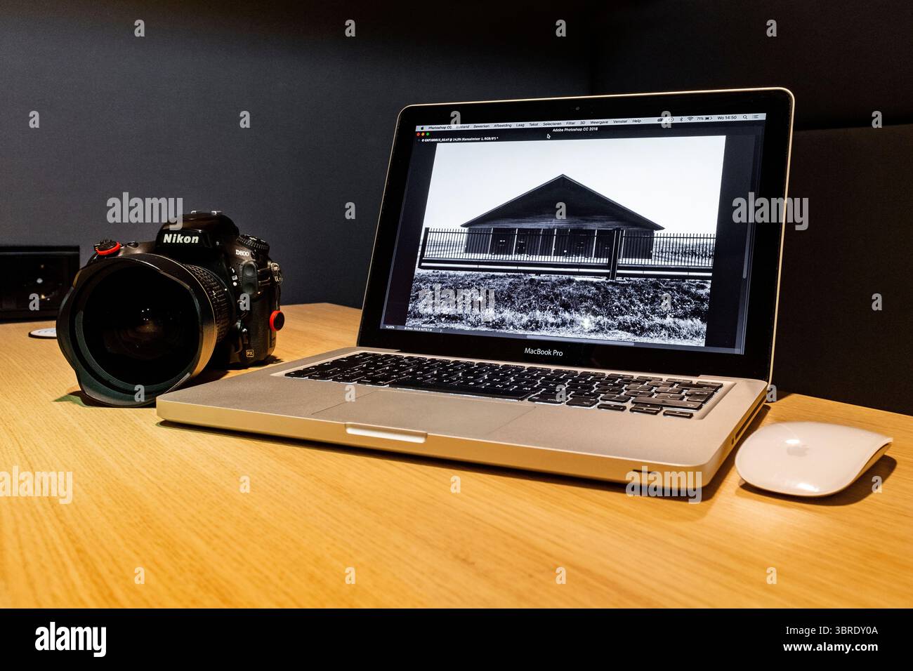 Mission de guérilla effectuée par un photographe, un photojournaliste, un conteur visuel et une photographie documentaire ; seuls un appareil photo et un ordinateur portable sont requis. Traitement d'une image d'une écurie de bétail sur un champ de ferme. Tilburg, pays-Bas. Banque D'Images