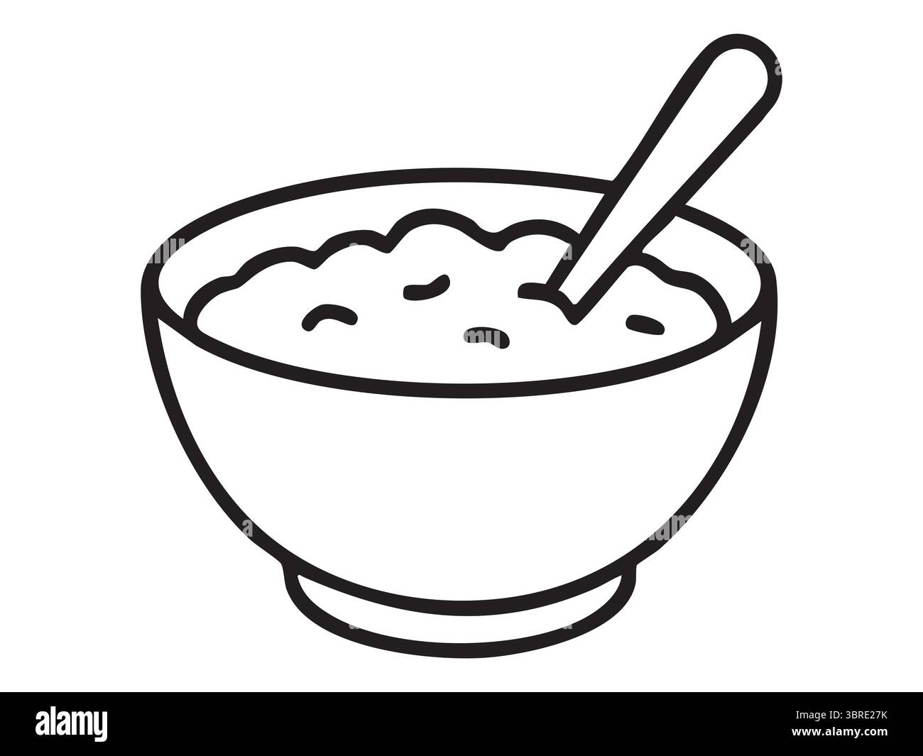 Contour noir du bol avec cuillère remplie de porridge isolé sur fond blanc, illustration graphique. concept de petit déjeuner, icône de la nourriture, repas, kitch Illustration de Vecteur