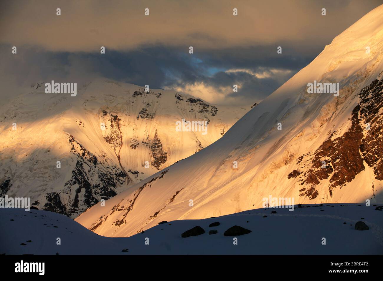 Sunset peint les pentes enneigées de Lenin Peak dans des teintes dorées. Un paysage sauvage de haute altitude d'une beauté intacte, de crêtes brillantes et d'ombres de plus en plus profondes. Banque D'Images