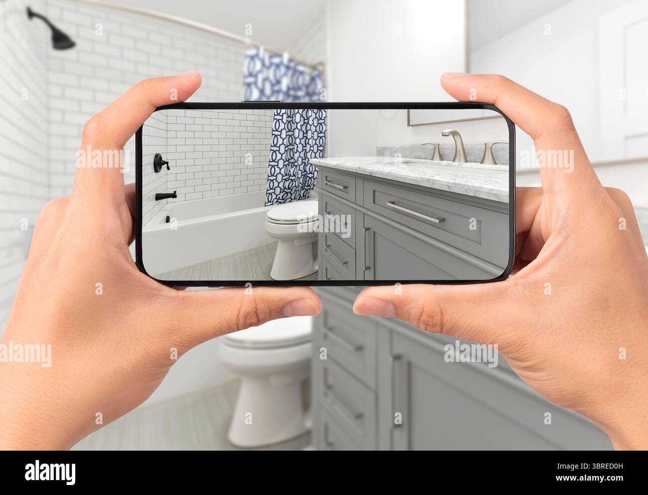 Intérieur de salle de bains résidentielle moderne pris avec un appareil photo de téléphone portable Banque D'Images
