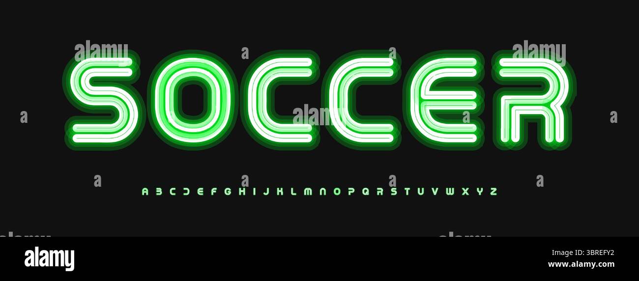 Alphabet vert néon, lettres de contour lumineux, police électrique en gras pour bannière de football, logo de jeu de football, titre de tableau de bord, signe de casino, sport en ligne Illustration de Vecteur