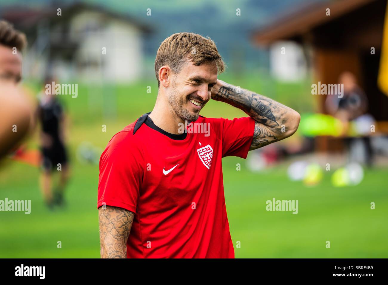 Kössen, Autriche. 04 juillet 2025. Kian Hansen du FC Nordsjaelland vu lors d’une séance d’entraînement dans le cadre du camp d’entraînement de pré-saison du club danois de Superliga FC Nordsjaelland à Kössen, en Autriche. Banque D'Images