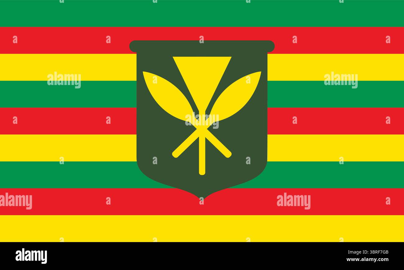 Drapeau de Kanaka Maoli – drapeau hawaïen indigène avec des couleurs vertes, rouges et jaunes avec le symbole kahili et uliuli, identité culturelle des indigènes Illustration de Vecteur