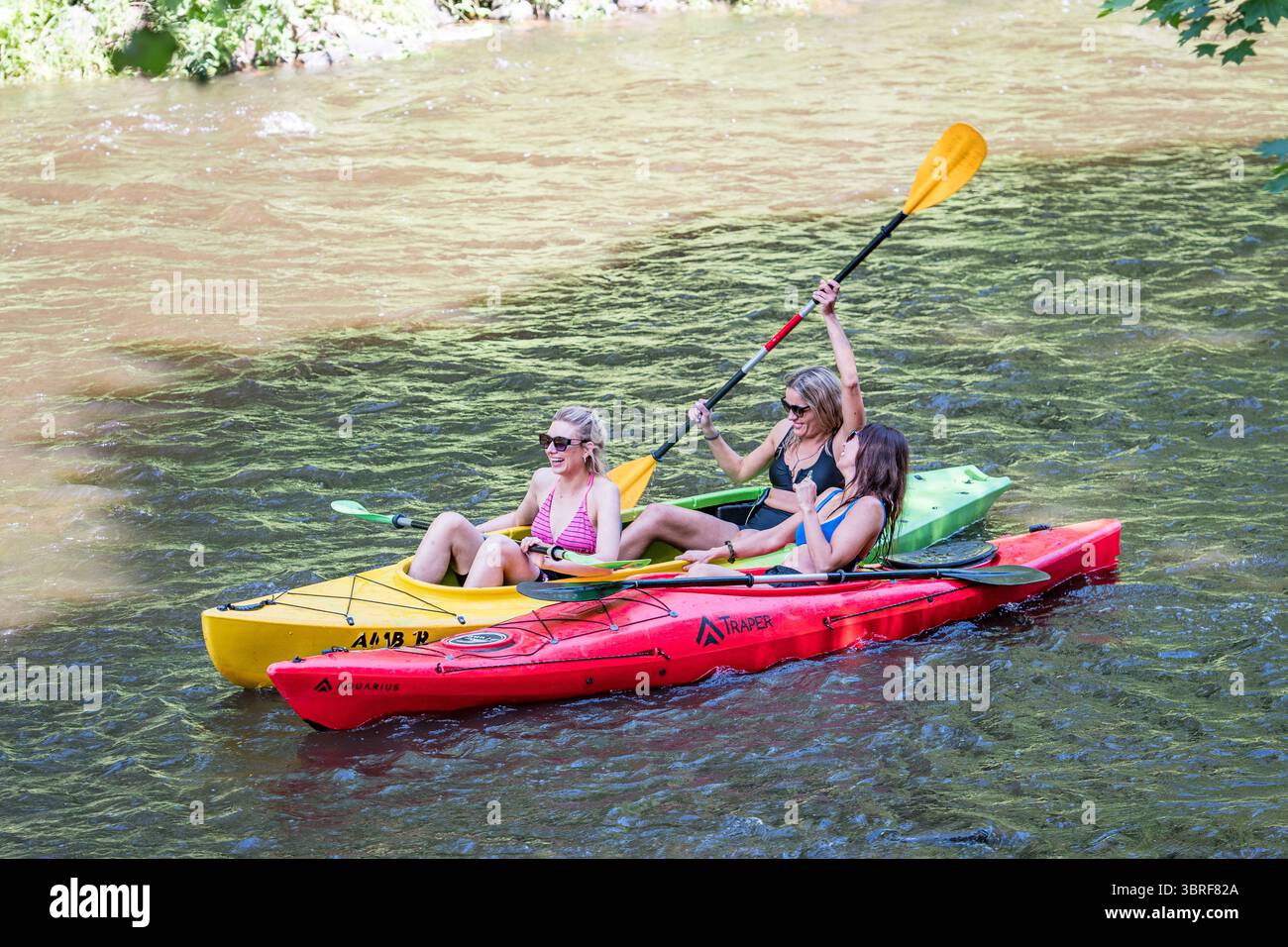 Trois belles filles en bikini canoë et s'amuser dans une rivière en été Banque D'Images