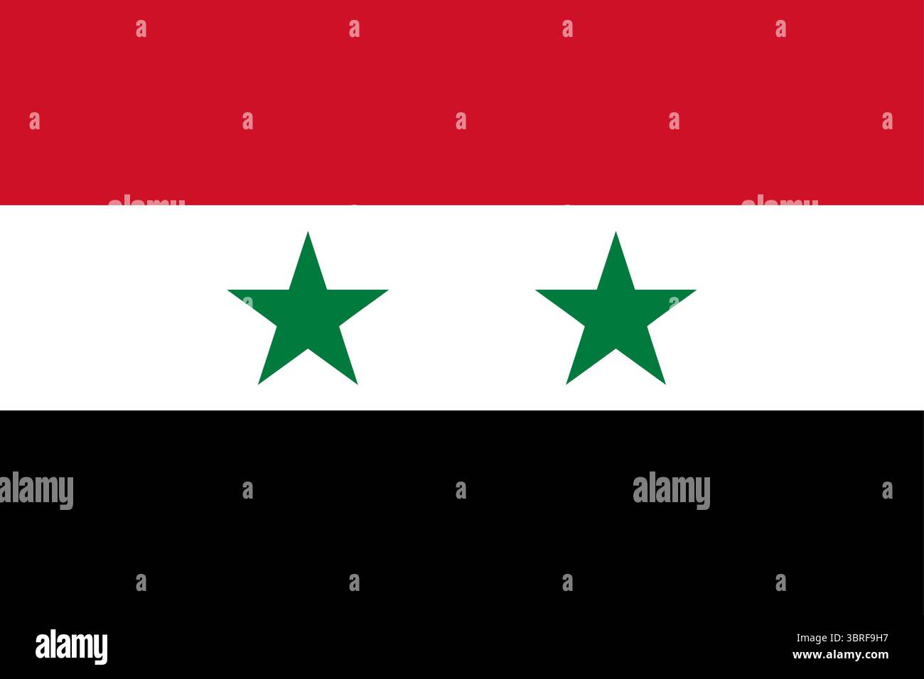Drapeau de Syrie – drapeau national officiel avec des bandes horizontales rouges, blanches et noires et deux étoiles vertes, adopté en 1980, symbole du pays du moyen-Orient Illustration de Vecteur